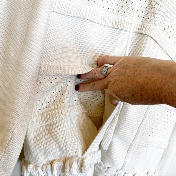 Tory Burch Women’s Baja Mixed Knit Hoodie Cream Tassel V Neck Pullover Sweater S - Picture 13 of 14